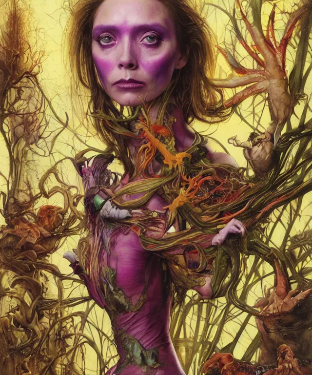 Image similar to a portrait photograph of a fierce mutated harpy super villian with slimy skin. she looks like elizabeth olsen and is meditating in a colorful infected bulbous shiny organic catsuit. by donato giancola, hans holbein, walton ford, gaston bussiere, peter mohrbacher and brian froud. 8 k, cgsociety, fashion editorial