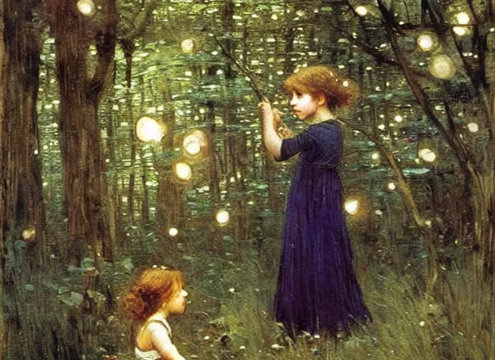 Prompt: a little girl with short curly light brown hair chasing fireflies in a forest, beautiful painting by John William Waterhouse