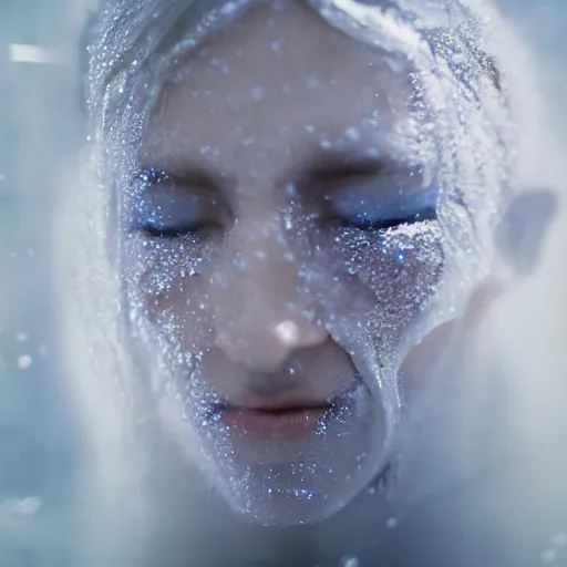 Image similar to futuristic female soldier eyes closed partly submerged in highly viscous clear fluid, frost particles, ice needles, cold blue light, complex hyperdetailed technical suit. white hair flowing. reflection. rays and dispersion of light. volumetric light. 5 0 mm, f / 3 2. noise film photo. ultra realistic, wide angle. rudolf herczog