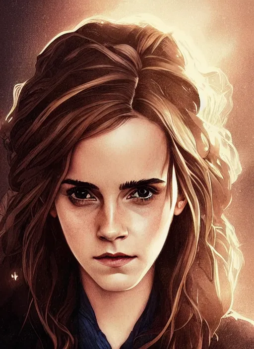 Image similar to emma watson as hermione granger at hogwarts. beautiful detailed face. by artgerm and greg rutkowski and alphonse mucha