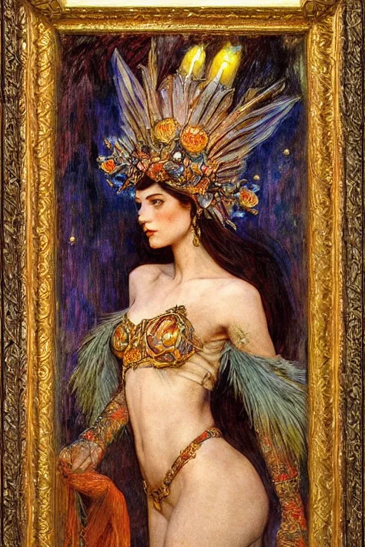 Image similar to queen of twilight with her lantern, by Annie Swynnerton and Diego Rivera and Gaston Bussière and Tino Rodriguez , elaborate headdress and embroidered velvet, iridescent beetles, rich color, dramatic cinematic lighting, extremely detailed