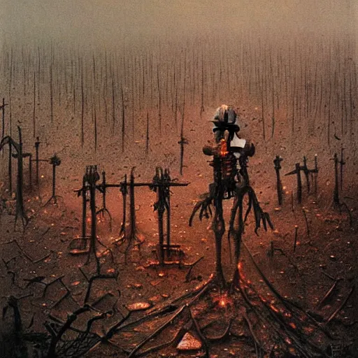 Prompt: terminator endoskeleton graveyard on fire by beksinski