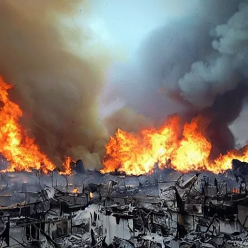 Image similar to animals destroy a city, fire, destruction, chaos