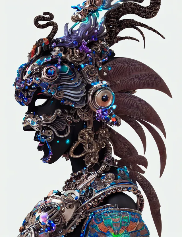 Image similar to 3 d goddess cyborg close - up profile portrait with ram skull. beautiful intricately detailed japanese crow kitsune mask and clasical japanese kimono. betta fish, jellyfish phoenix, bio luminescent, plasma, ice, water, wind, creature, artwork by tooth wu and wlop and beeple and greg rutkowski