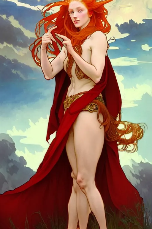 Image similar to a beautiful princess holding a fireball, ginger hair with freckles, wearing long flowing red robes inspired by alphonse mucha, standing on a mountain top with epic clouds and godlike lighting, intricate illustration and highly detailed digital painting. concept art by artgerm. inspired by brom art and larry elmore.