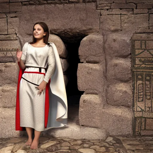 Image similar to 25 year old Mediterranean skinned woman in ancient Canaanite clothing next to an ancient well, 8k resolution, hyper detailed