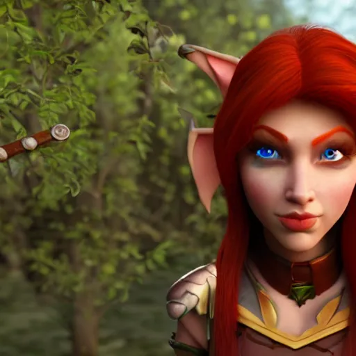 Image similar to beautiful redhead elf, warrior outfit, clash royal style characters, unreal engine 5, octane render, detailed, cinematografic, cinema 4 d