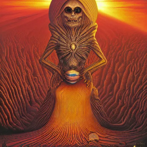 Image similar to the queen of the sun by jacek yerka, alex gray, zdzisław beksiński, dariusz zawadzki, jeffrey smith and h.r. giger, oil on canvas, 8k highly professionally detailed, trending on artstation