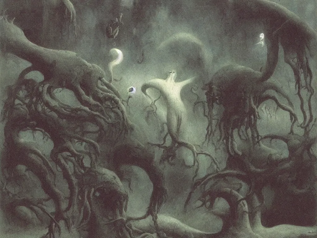 Image similar to deep sea strange creatures. Painting by Roger Dean, Alfred Kubin