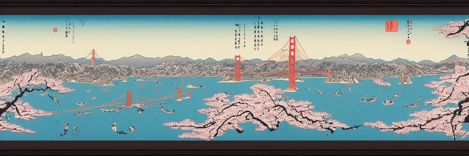 Image similar to awe-inspiring ukiyo-e landscape of San Francisco bay with the Golden Gate bridge in view, cherry blossoms on trees, 4k