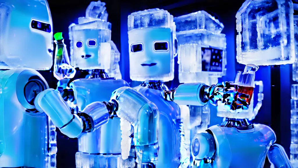 Image similar to robots drinking alcohol, inside a ice bar, chrome reflections, hyper-realistic, extreme detail, sharp photo, beautiful, cinematic 4K, by Sorayama