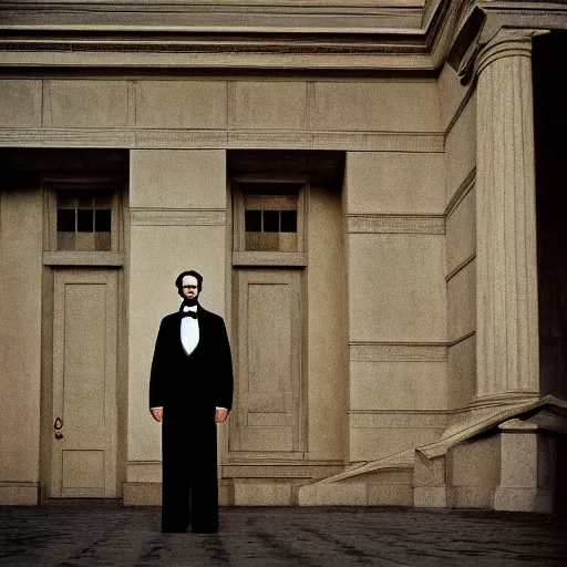 Prompt: portrait of abraham lincoln as american man, green eyes and suit and tie looking looking intently, photograph by steve mccurry, award winning photograph in national geographic