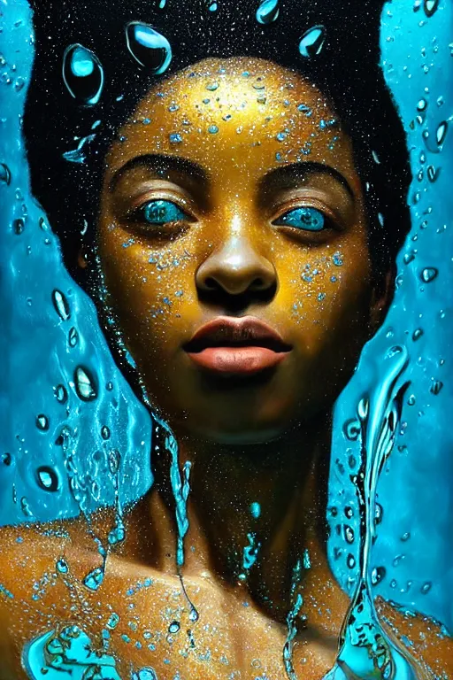 Image similar to hyper realistic precisionist cinematic very expressive! oshun goddess, in water! john everett millais, mirror dripping droplet!, gold flowers, highly detailed face, digital art masterpiece, smooth eric zener cam de leon, dramatic pearlescent turquoise light on one side, low angle uhd 8 k, shallow depth of field