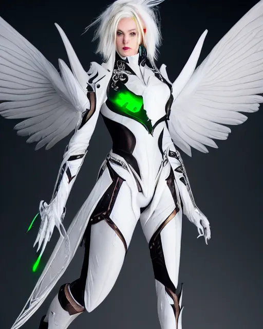 Prompt: tall, attractive white haired puma wearing white dove wings, warframe armor, regal, attractive, ornate, sultry, sexy, beautiful, elize theron, pretty face, green eyes, scifi platform, 4 k, ultra realistic, epic lighting, illuminated, cinematic, black gold, art by akihito tsukushi, voidstar