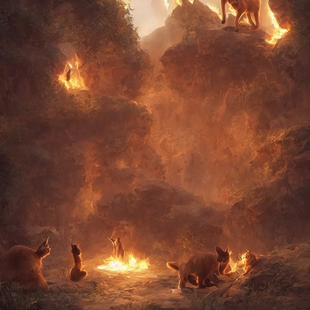 Prompt: many cute fluffy caracals, fire, magic, symmetric, fantasy epic legends stylized digital illustration radiating a glowing aura global illumination ray tracing hdr fanart arstation, 8 k, art by greg rutkowski