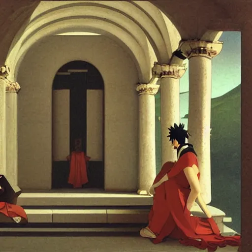 Image similar to Greek archi, a colab between studio ghibli and paul delaroche