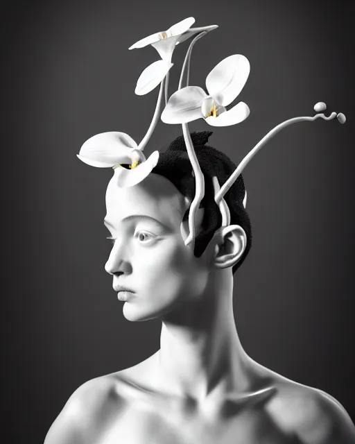 Prompt: surreal mythical dreamy dark artistic black and white fine art photo of a monumental wax sculpture of a delicate young female cyborg - orchid with a luminous brain, many people looking up at the sculpture, rim light, cinematic, studio dramatic light, poetic, octane render, 8 k, photo - realistic