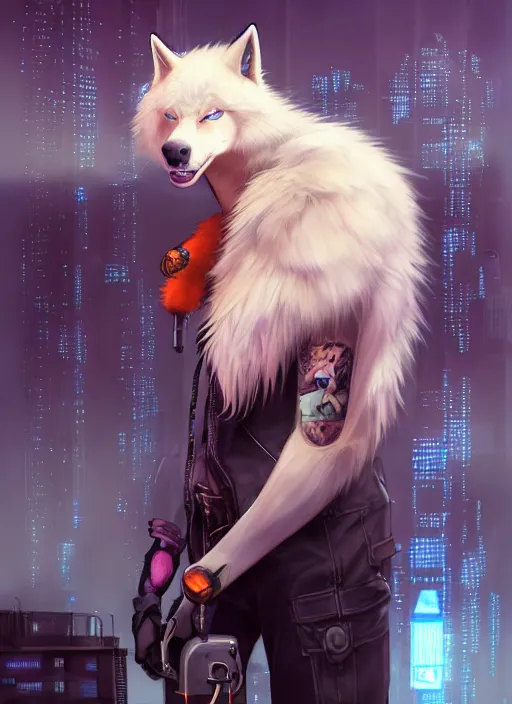 Image similar to award winning beautiful portrait commission of a male furry anthro albino wolf fursona with a tail and a cute beautiful attractive detailed furry face wearing stylish black, orange and blue cyberpunk biker clothes standing on top of a high rise in a cyberpunk city at night while it rains. Character design by charlie bowater, ross tran, artgerm, and makoto shinkai, detailed, inked, western comic book art