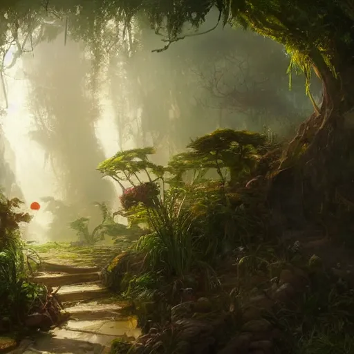 Image similar to concept art of a jungle path leading to tree of life, religious, in the style of fenghua zhong and ruan jia and jeremy lipking and peter mohrbacher, mystical colors, rim light, beautiful lighting, 8 k, stunning scene, raytracing, octane, trending on artstation