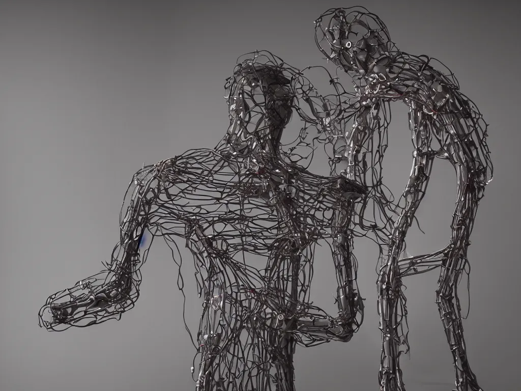 Image similar to dialysed romance, a hyperreal sculpture by diuq s, showing the complex twisted biomechanical interleaving reality of man and machine