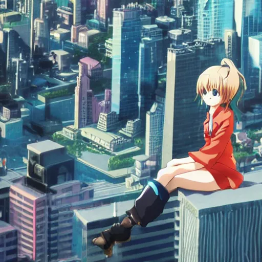 Image similar to Key Anime Visual a macro anime girl sitting on a miniature manhattan, official modern anime