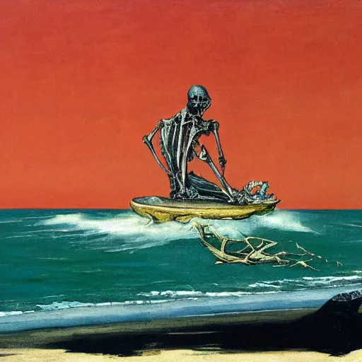 Prompt: An old dead figure seated on a throne of gold on the beach with a whale skeleton swimming in the sea in yhe background by Francisco Goya and Francis Bacon, vibrant red background, mythological painting, oil painting, triadic color scheme, very coherent, Beksinski painting
