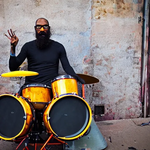 Prompt: 33 year old slender mixed South African Capetown man with glasses and trimmed beard playing a drum kit, urban punk art