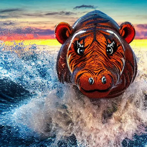 Prompt: a closeup photorealistic photograph of a cute smiling knitted tiger hippopotamus chasing colorful beachballs during sunset. teeth exposed, surf in the background. professional capture. this 4 k hd image is trending on artstation, featured on behance, well - rendered, extra crisp, features intricate detail, epic composition and the style of unreal engine.