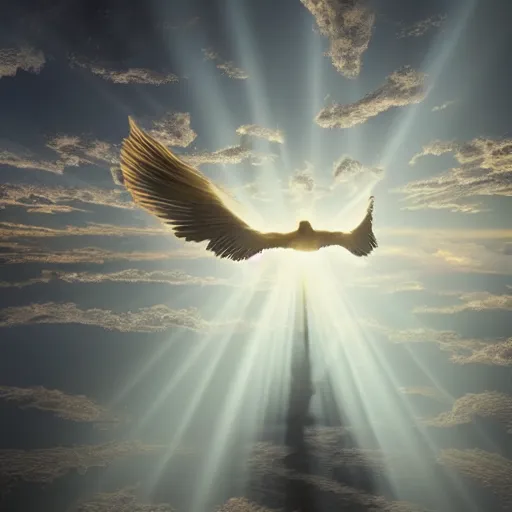 Prompt: the bird god floating in hyperspace having an eighth dimensional dream, detailed, octane render, crepuscular rays, volumetric dramatic lighting, in the style of Raffaello Ossola