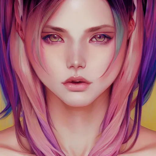 Image similar to portrait of beautiful symmetrical anime girl, rainbow hair, attractive, casual, modern, victoria's secret, highly detailed, digital painting, artstation, concept art, smooth, sharp focus, illustration, art by artgerm, greg rutkowski and alphonse mucha, 8 k,