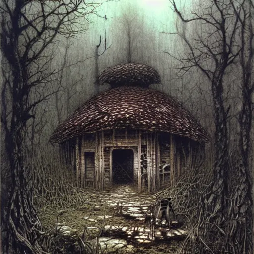 Prompt: shabby hut in a dark forest by Luis Royo and Beksinski