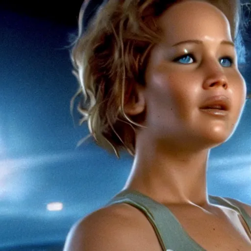 Image similar to movie still from independence day (1996), rendering of jennifer lawrence looking at an alien,