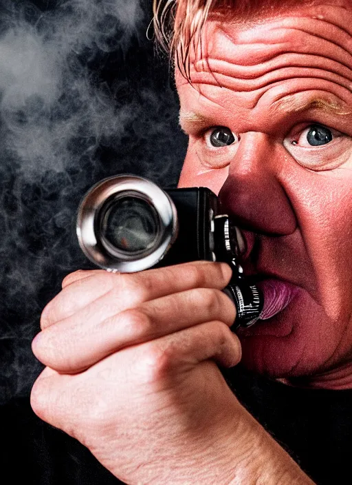 Prompt: 20mm pov photograph of gordon ramsey kissing the lens, big juicy lips, fog on lens, dripping spit, spit flecks, bokeh, cute gordon ramsay