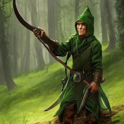 Image similar to a clean shaven rugged warrior hobbit in leather armor with very short hair and a dark green cloak and dark green hood and his pet dragon hiking through the forest, trending on artstation, realistic, detailed, by Tony Sart