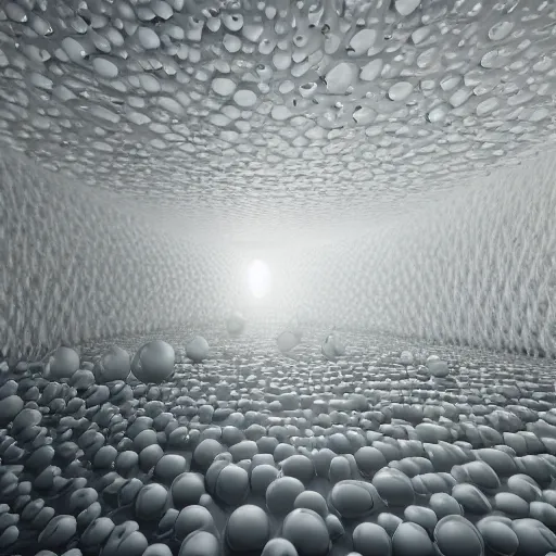 Prompt: a biological cell building composed of many white spherical egg shaped spaces arranged up and down. on the calm lake, people's perspective, future, interior wood, marble, award winning, highly detailed 4 k art, dusk, unreal engine highly rendered, global illumination, radial light, internal environment by kazuyo sejima