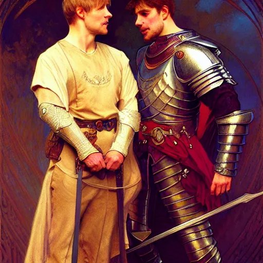 Image similar to attractive arthur pendragon and his attractive male knight, they are in love, natural lighting, path traced, highly detailed, high quality, digital painting, by gaston bussiere, craig mullins, alphonse mucha j. c. leyendecker