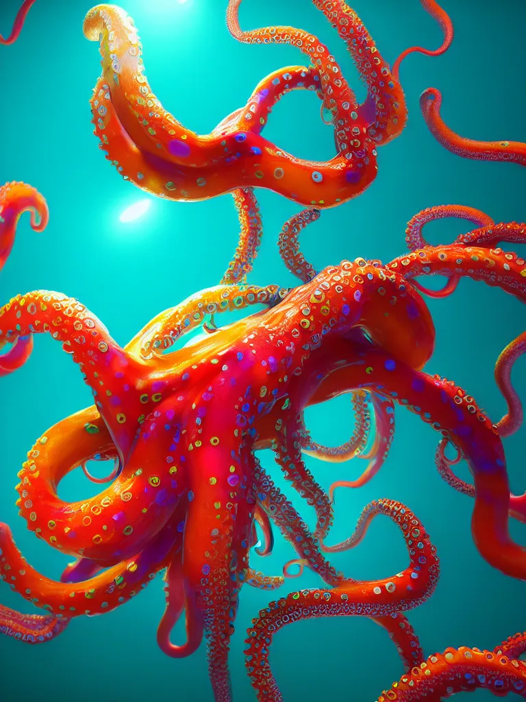 Prompt: colorful liquid octopus tentacles, beeple, octane render, hyper detailed painting, particles, bubbles