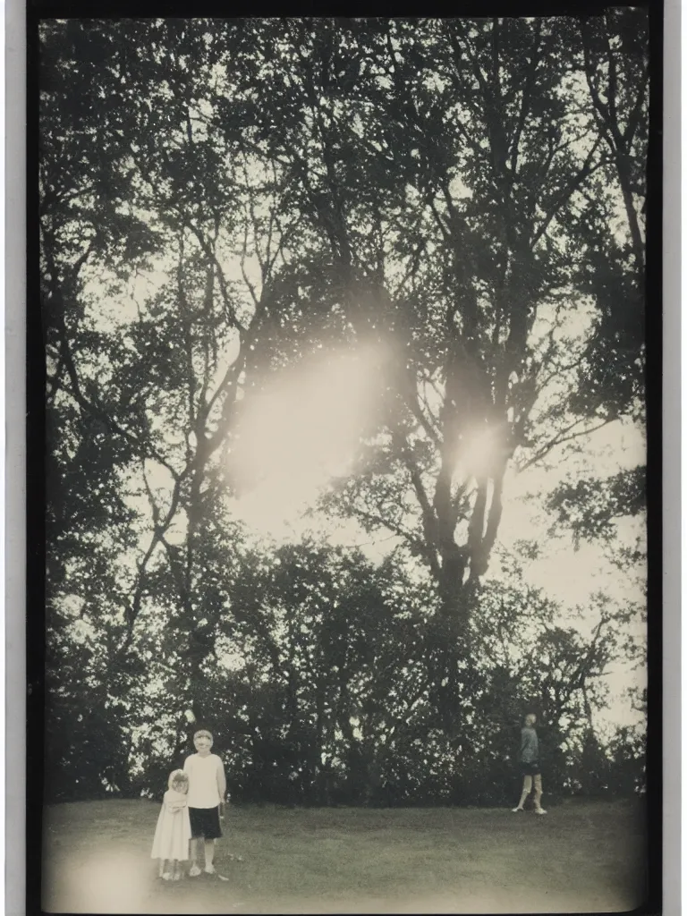 Prompt: a boy and a girl posing for a picture, a strong light behind them, at night, some trees in the background, old polaroid