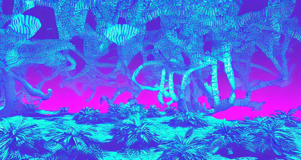 Image similar to 80s vaporwave outrun 3d Render of deep sea forest, liminal space retro, grainy, noisy