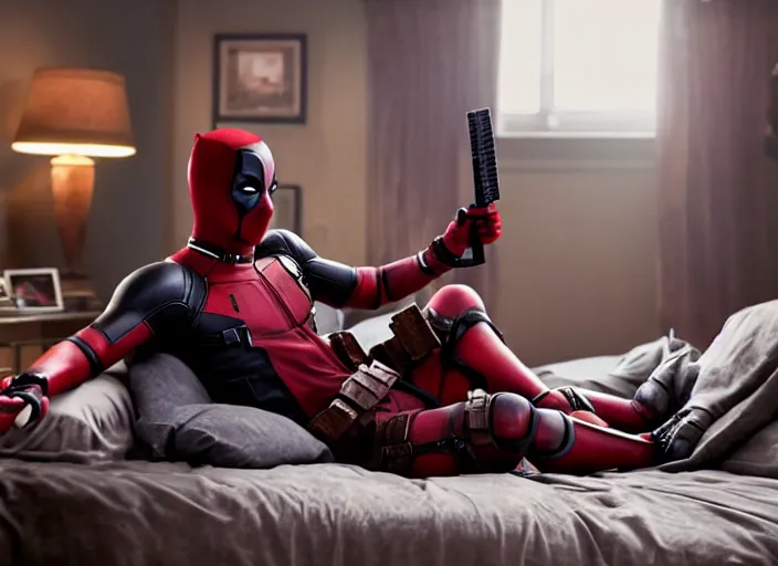 Prompt: film still of Deadpool working as a twitch streamer in his gamer bedroom in the new Deadpool movie, 4k