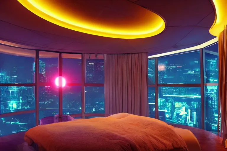 Image similar to a futuristic bedroom with large curved ceiling high windows looking out to a far future cyberpunk cityscape, cyberpunk neon lights, raining, scifi