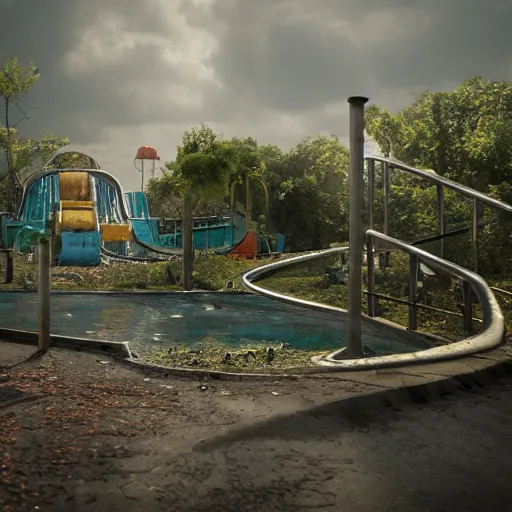 Prompt: a abandoned creepy and wet water park, hyperrealistic, concept art, octane render, unreal engine 5, path tracing, soft lighting, ruined, high quality, highly detailed, 8 k, complementary colors, cgsociety