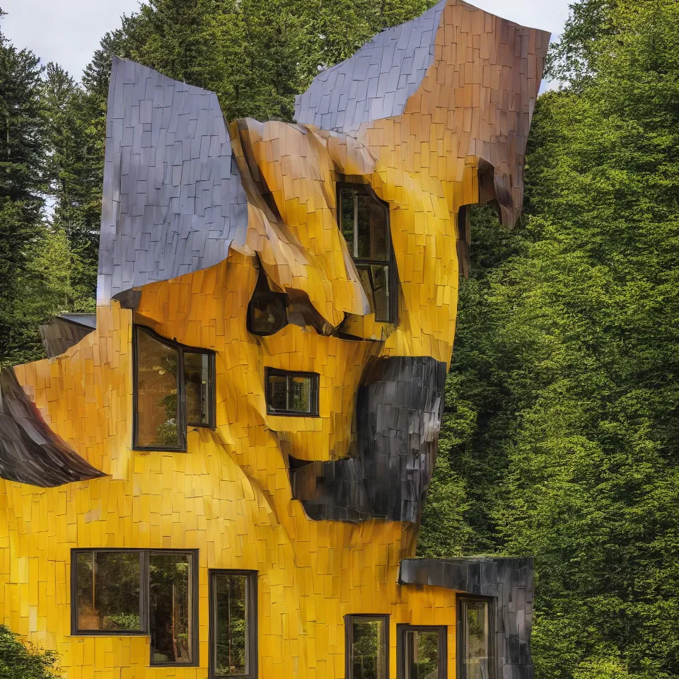 Image similar to a tiny flat horizontal house in the black forest, designed by Frank Gehry. Big tiles. Small wooden pathway . Film grain, cinematic, yellow hue