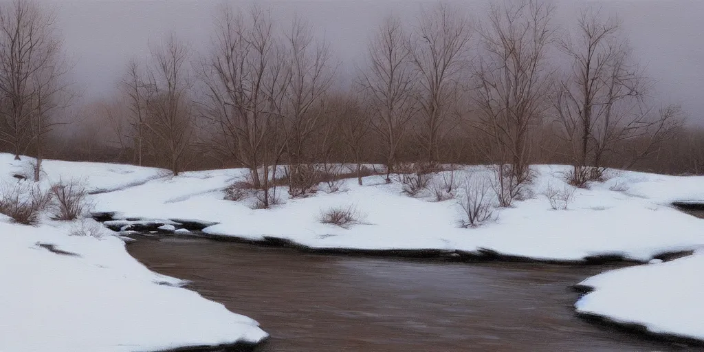 Image similar to little river, end of afternoon, winter, snow, countryside, peter sculthorpe, painting, artstation