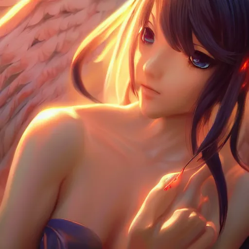 Image similar to an oil painting of a beautiful anime girl with angel wings, by artgerm, hd, hdr, ue 5, ue 6, unreal engine 5, cinematic 4 k wallpaper, 8 k, ultra detailed, high resolution, artstation, award winning