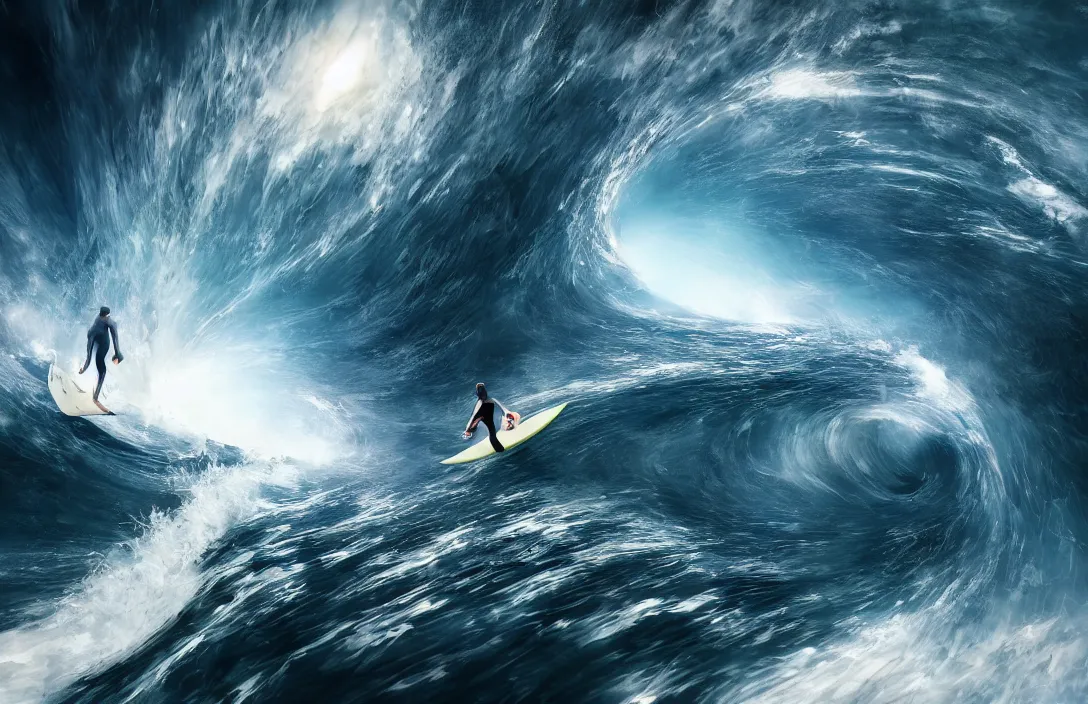 Image similar to surfing the waves of space by ben wanat ; cosmic, insane details, photography, unreal engine ;
