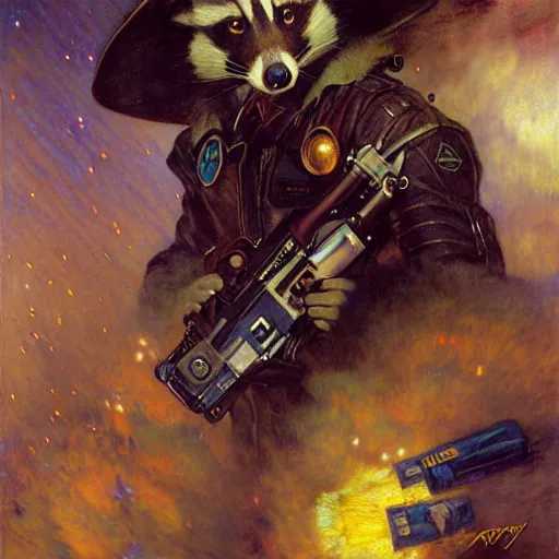 Image similar to portrait of a male rocket racoon in a police uniform. shadowrun furaffiniy cyberpunk fantasy highly detailed painting by gaston bussiere craig mullins jc leyendecker gustav klimt artgerm greg rutkowski john berkey, bergey, craig mullins, ruan jia, raymond swanland, jeremy mann, tom lovell, alex malveda