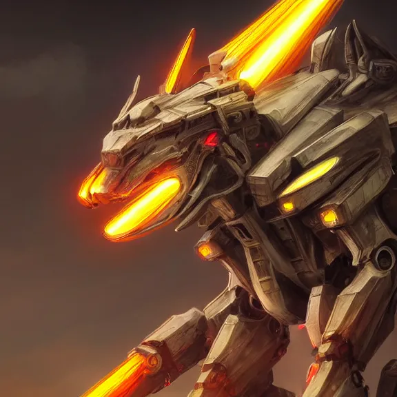 Image similar to hyper realistic, epic, highly detailed cinematic shot of a gigantic feral robot mecha canine, sharp dragon claws, cannon mounted on back, sleek armor, glowing visor, destroying city, digital art, furry art, macro art, dragon art, furaffinity, deviantart, sofurry