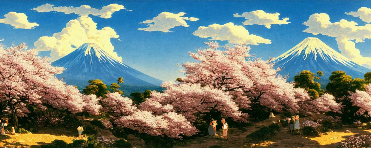 Image similar to ghibli illustrated background of a strikingly beautiful blue sky with puffy white clouds over a volcano with cherry blossom by eugene von guerard, ivan shishkin, john singer sargent, 4 k