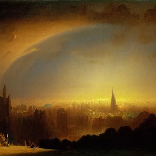 Prompt: a city in the clouds painted by john martin